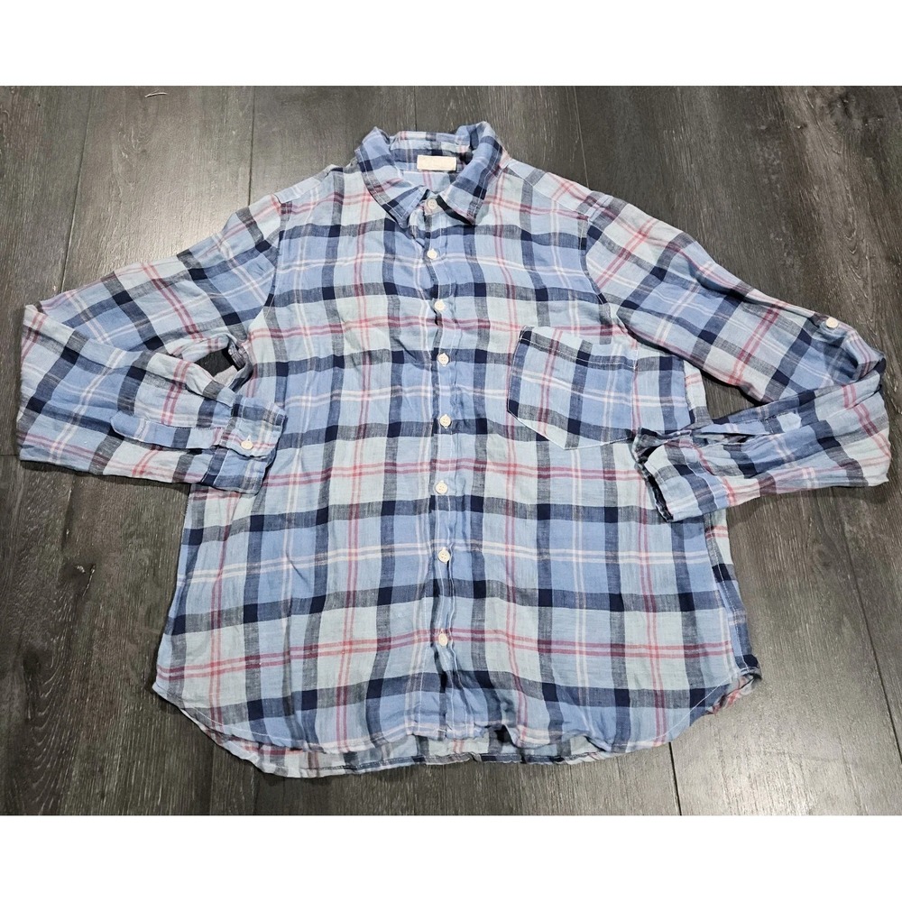 CP Shades Revolve 100% Linen Shirt Women M Blue Tennessee Plaid Button Up Pocket